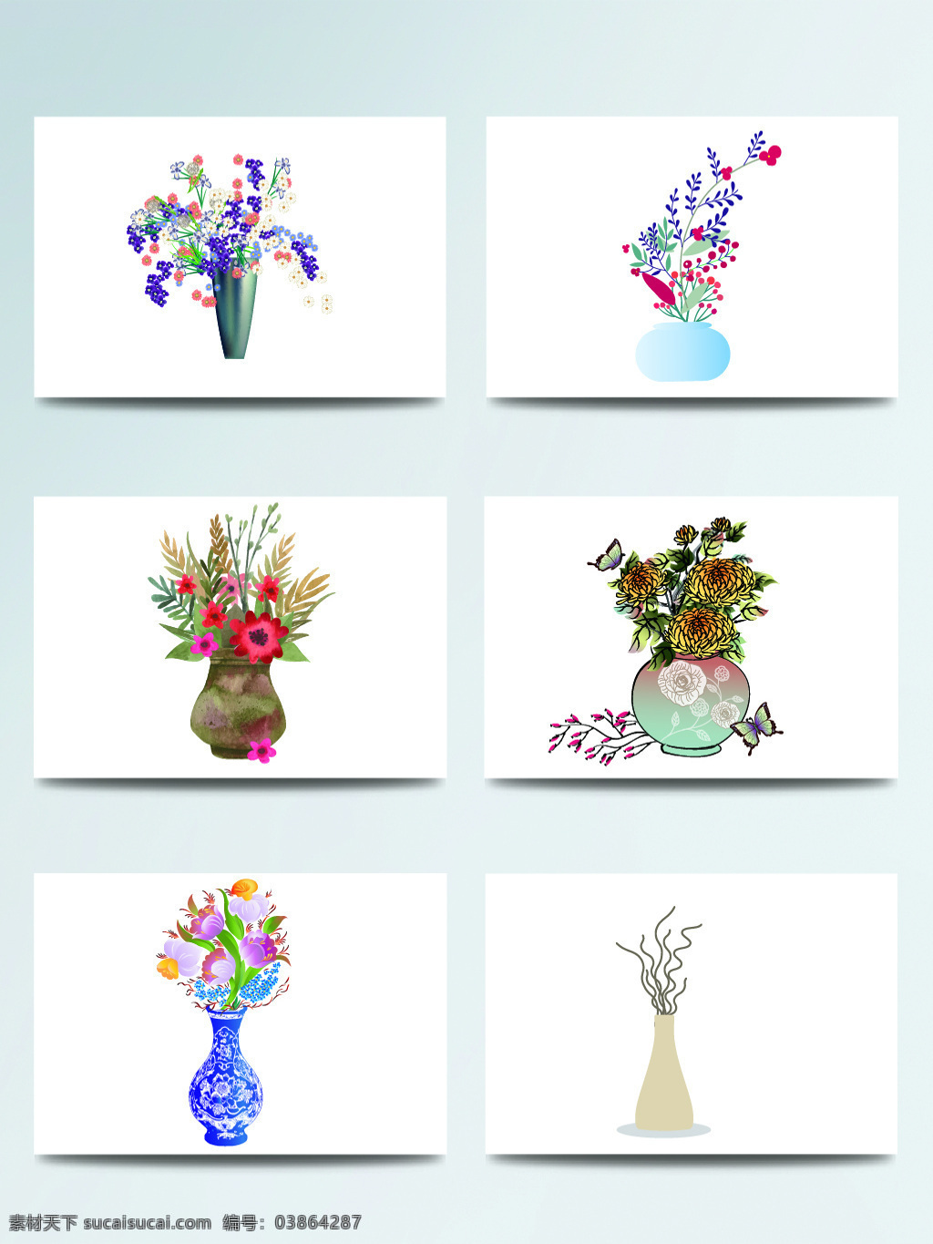 插花 插画 花朵 花瓶 青花瓷 矢量图 手绘 装饰 彩色 矢量