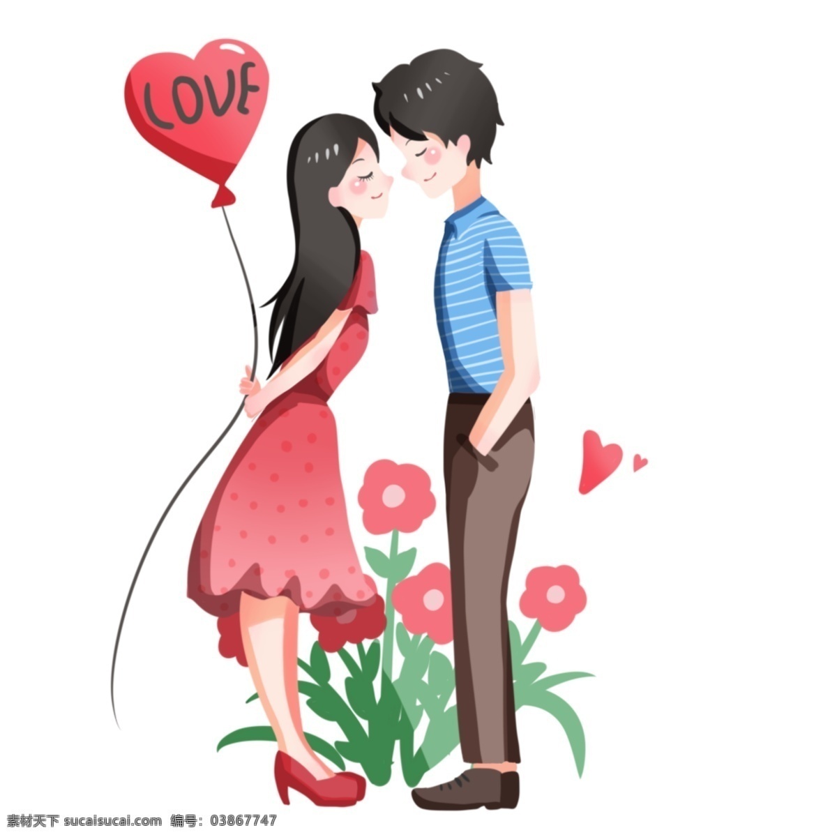 情人节 恩爱 情侣 人物 插画 红色的气球 漂亮的小女孩 绿色的叶子 红色的小花 飘着的气球
