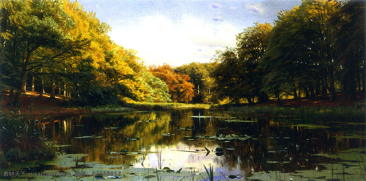 池塘 油画 风景 抽象油画 绘画书法 森林 山水画 树林 文化艺术 油画风景 秋色风光 装饰素材