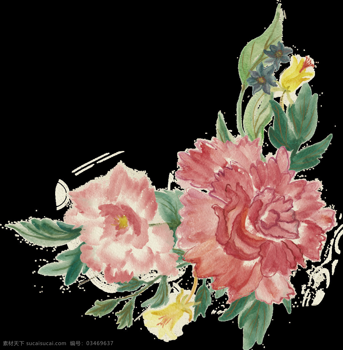 手绘红色花簇 手绘 红色 粉色 花组合 水彩