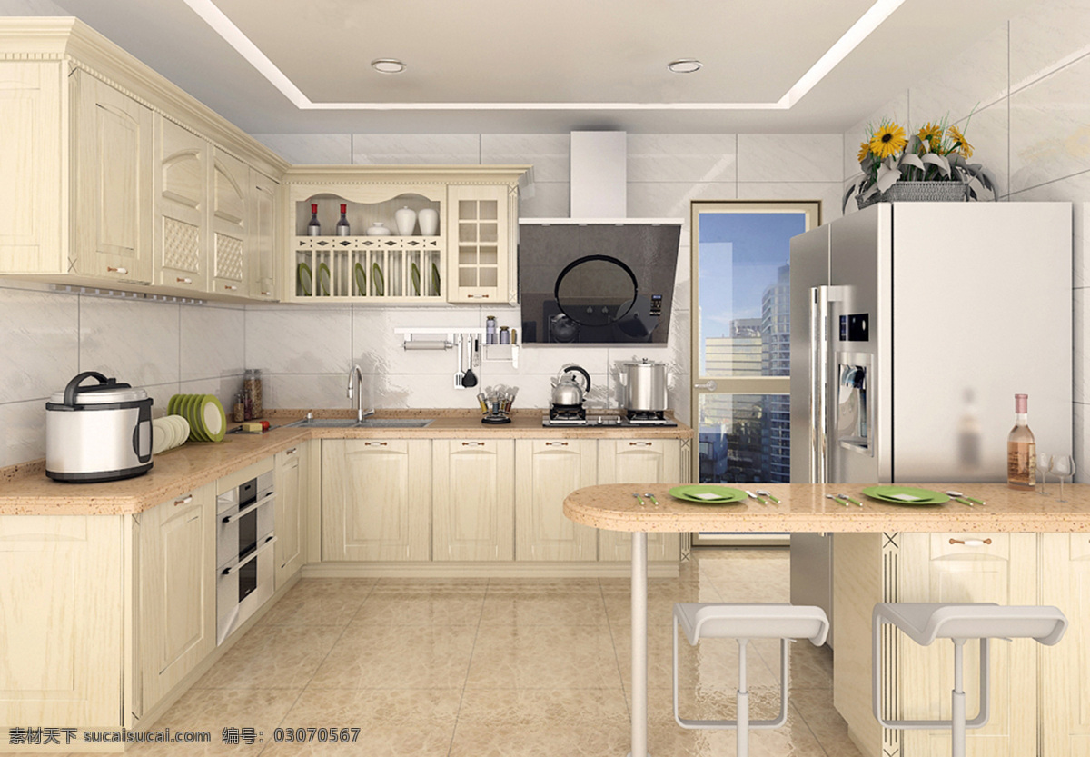 厨房 餐具 橱柜 环境设计 简欧 实木 室内设计 白橡 效果图 家居装饰素材