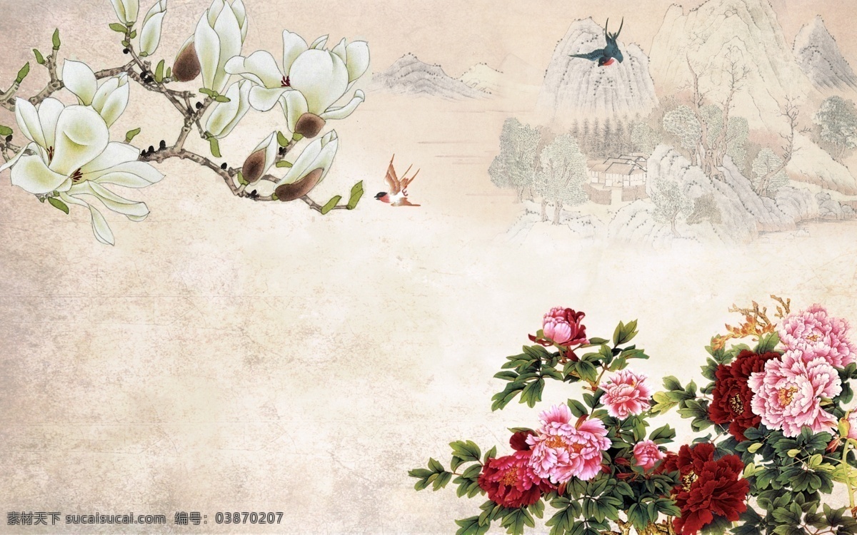 中式 牡丹 背景 墙 中式花卉 国画牡丹 玉兰 国画花鸟 电视墙 背景墙 分层