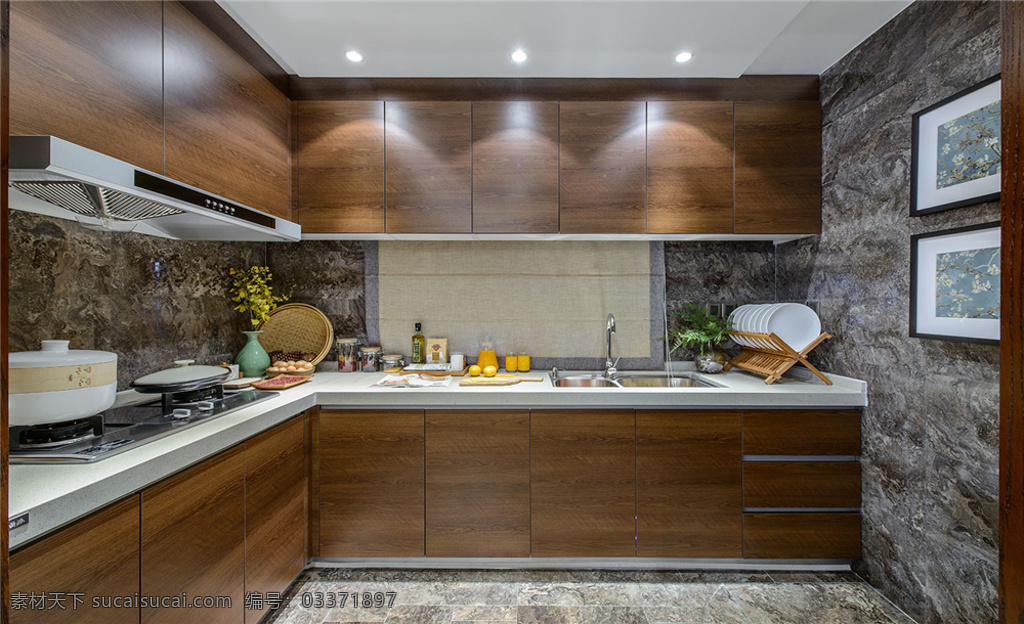 中式 复古 风格 厨房 实木 色 橱柜 效果图 时尚 厨房装修 实木色橱柜