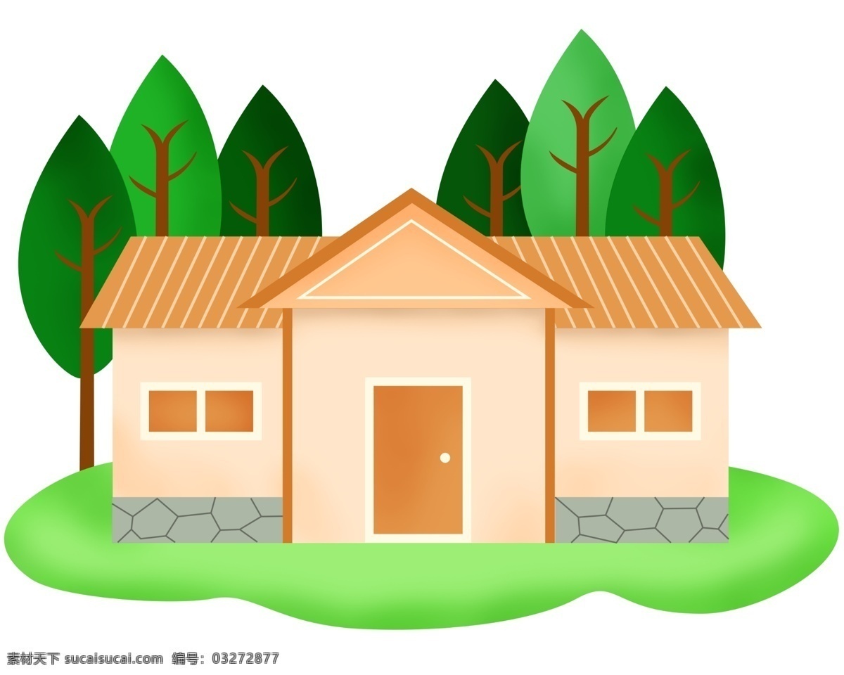 卡通 农场 小屋 插画 绿色的树木 绿色的草地 卡通的屋子 漂亮 橘黄色的小屋 建筑