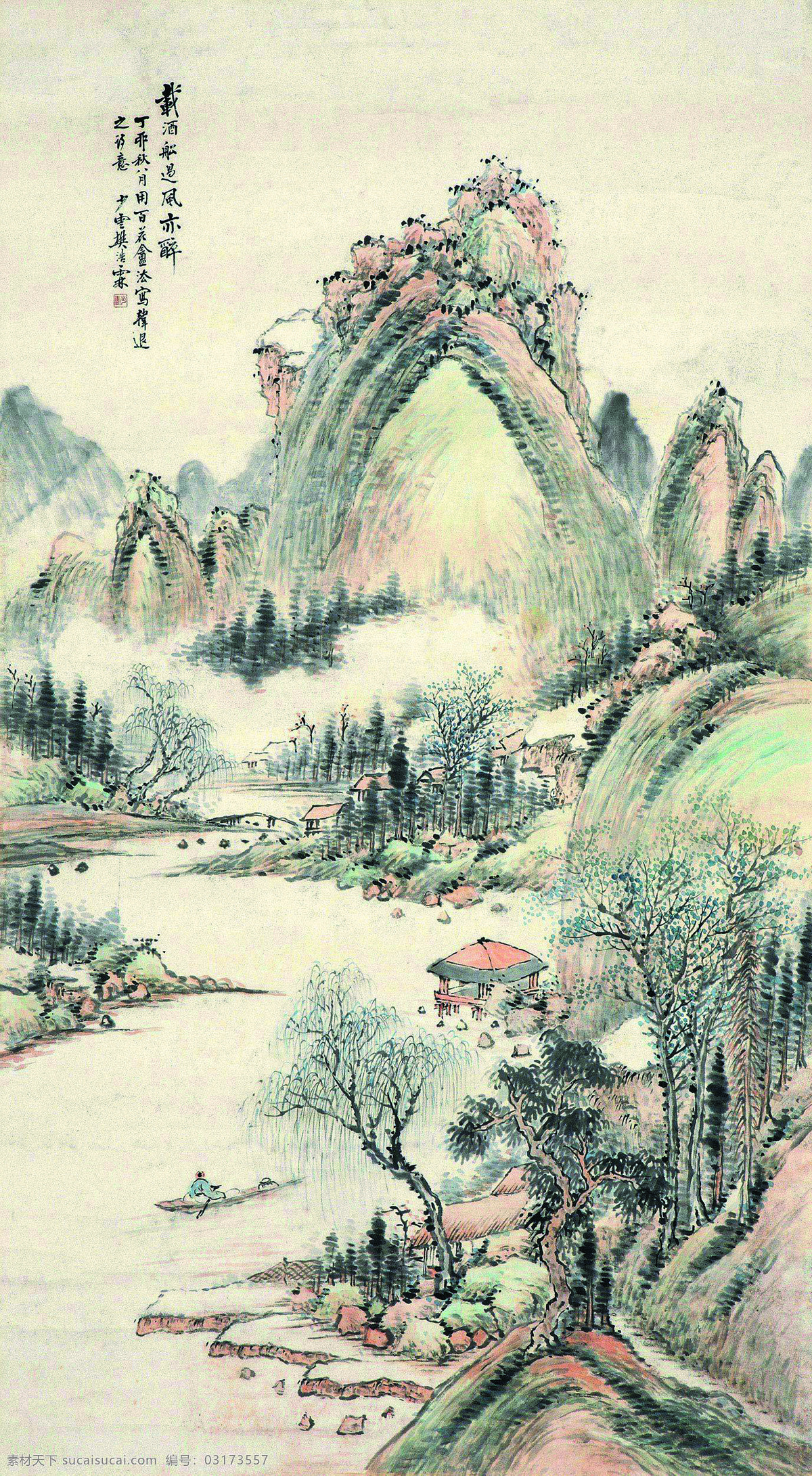 船只 房屋 国画艺术 绘画书法 美术 山峰 山岭 山水画 载 酒 船 风 亦 醉 设计素材 模板下载 中国画 江流 树木 文化艺术