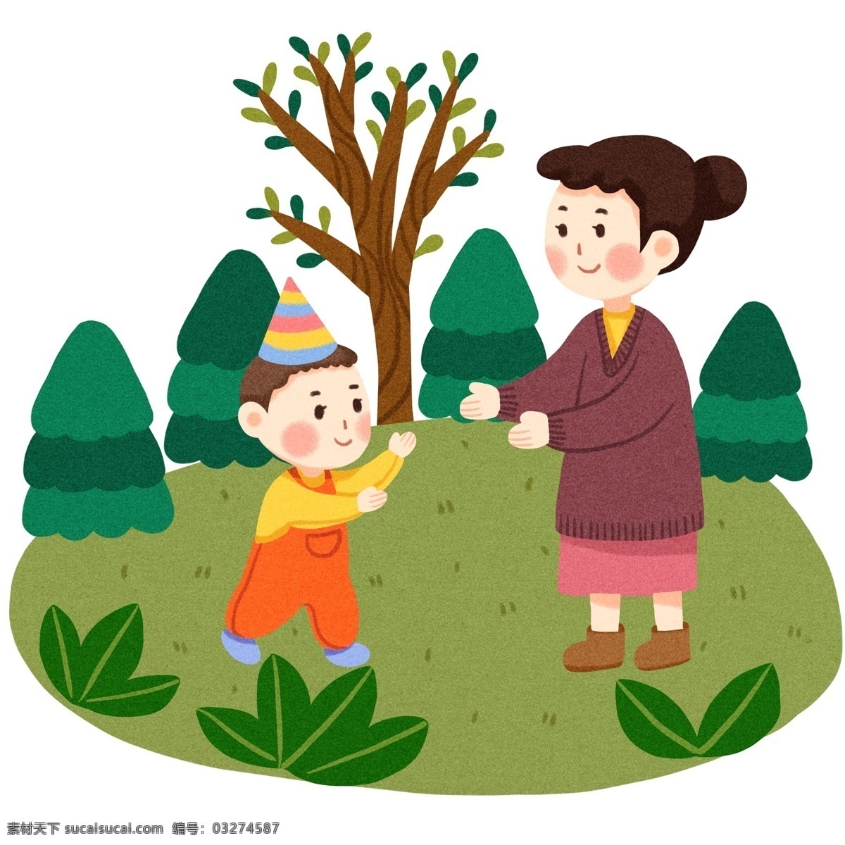 婴儿 手绘 插画 卡通 漂亮的小孩 卡通的小孩 手绘小孩 漂亮的妈妈 彩色的帽子 绿色的树叶 婴儿插画
