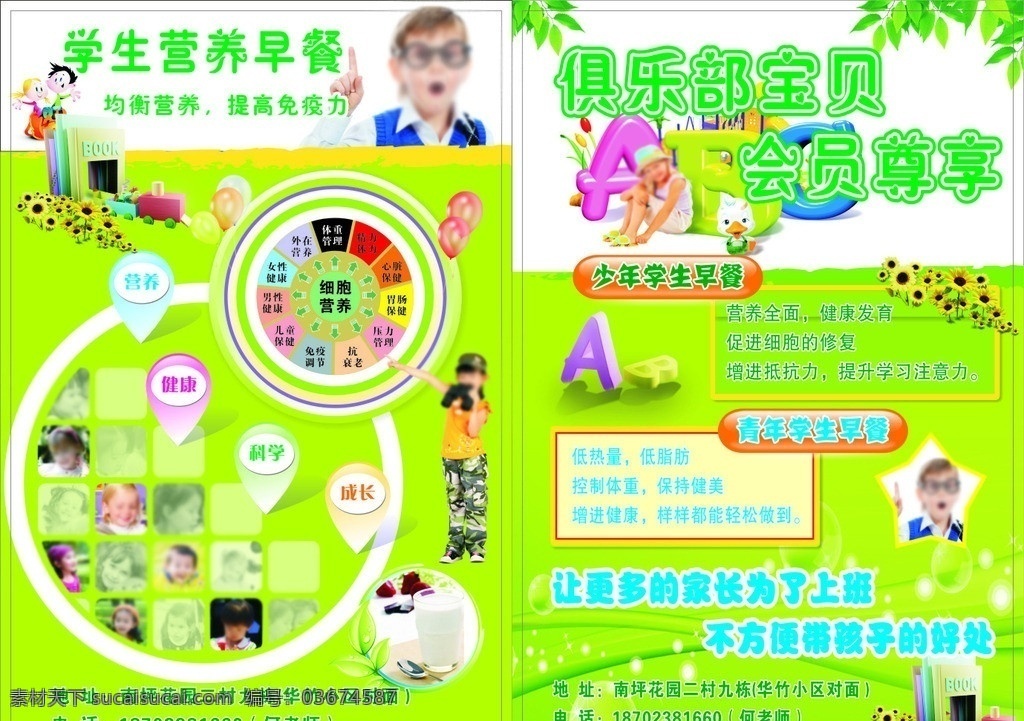 营养俱乐部 宣传单 康宝莱 营养早餐 健康宝贝 绿色背景 卡通人 春天 幼儿园 绿叶 幼儿园宣传单 矢量
