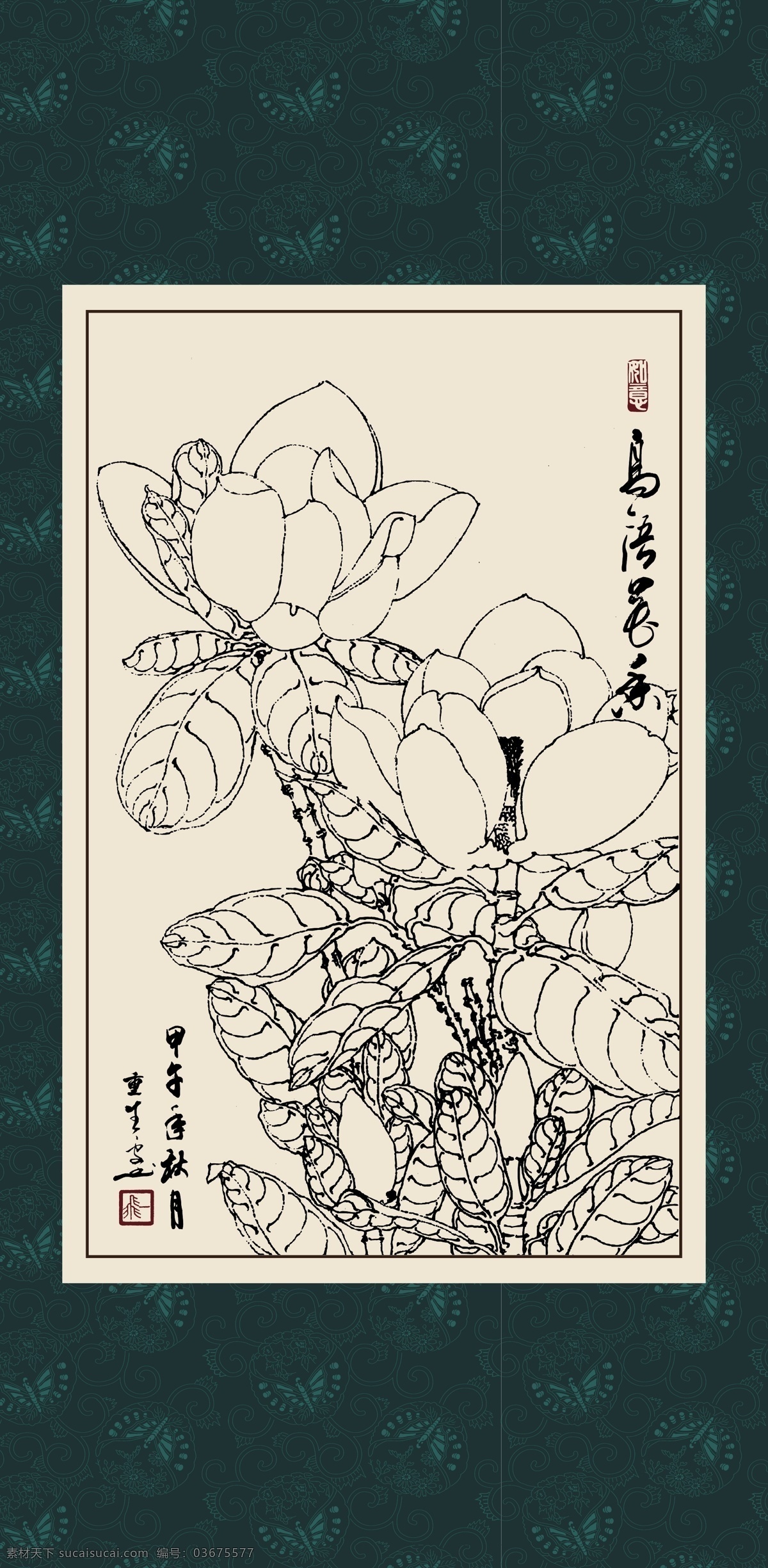 白描广玉兰 绘画 白描 线描 手绘 国画 轮廓 印章 书法 装裱 植物 花卉 花草 花鸟 工笔 写实 写生 毛笔画 昆虫 白描玉兰 文化艺术 绘画书法