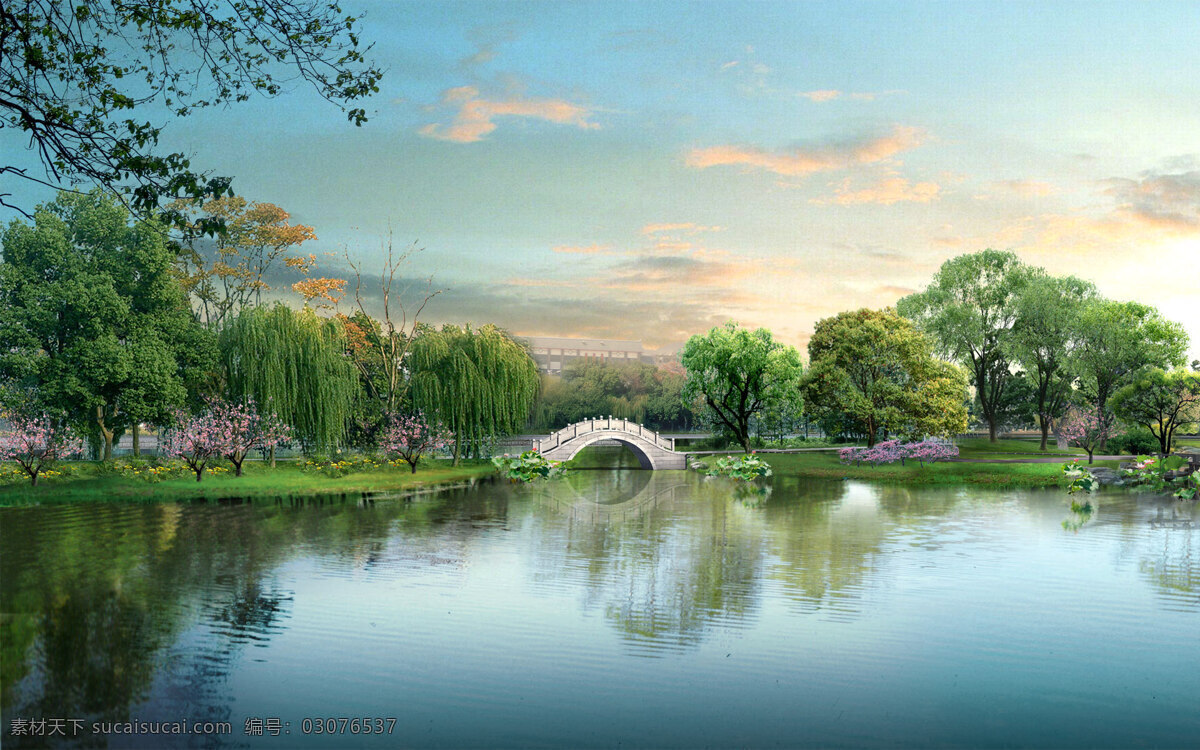 公园 湖泊 景观设计 园林景观 公园景观 湖水 小桥 环艺设计 环境设计 环境家居