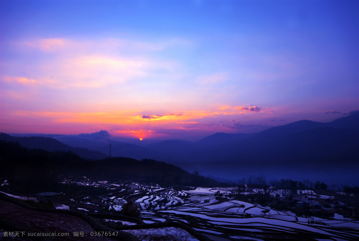朝霞 蓝天 彩云 云彩 远山 梯田 自然风景 自然景观