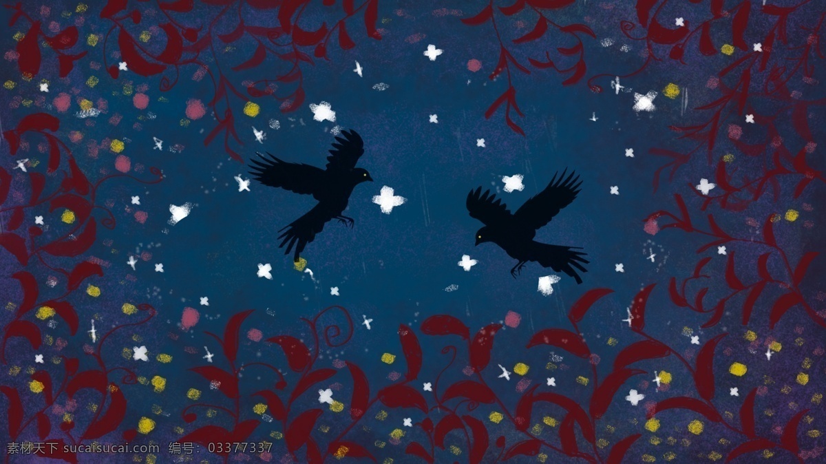 夜空中两只鸟 动物 鸟 紫色 花卉 唯美 夜晚 复古