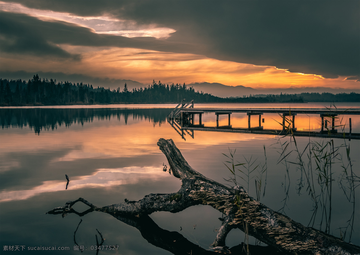 自然景观 天空 乌云 傍晚 夕阳 日落 湖泊 桥 木头 壁纸 枯树