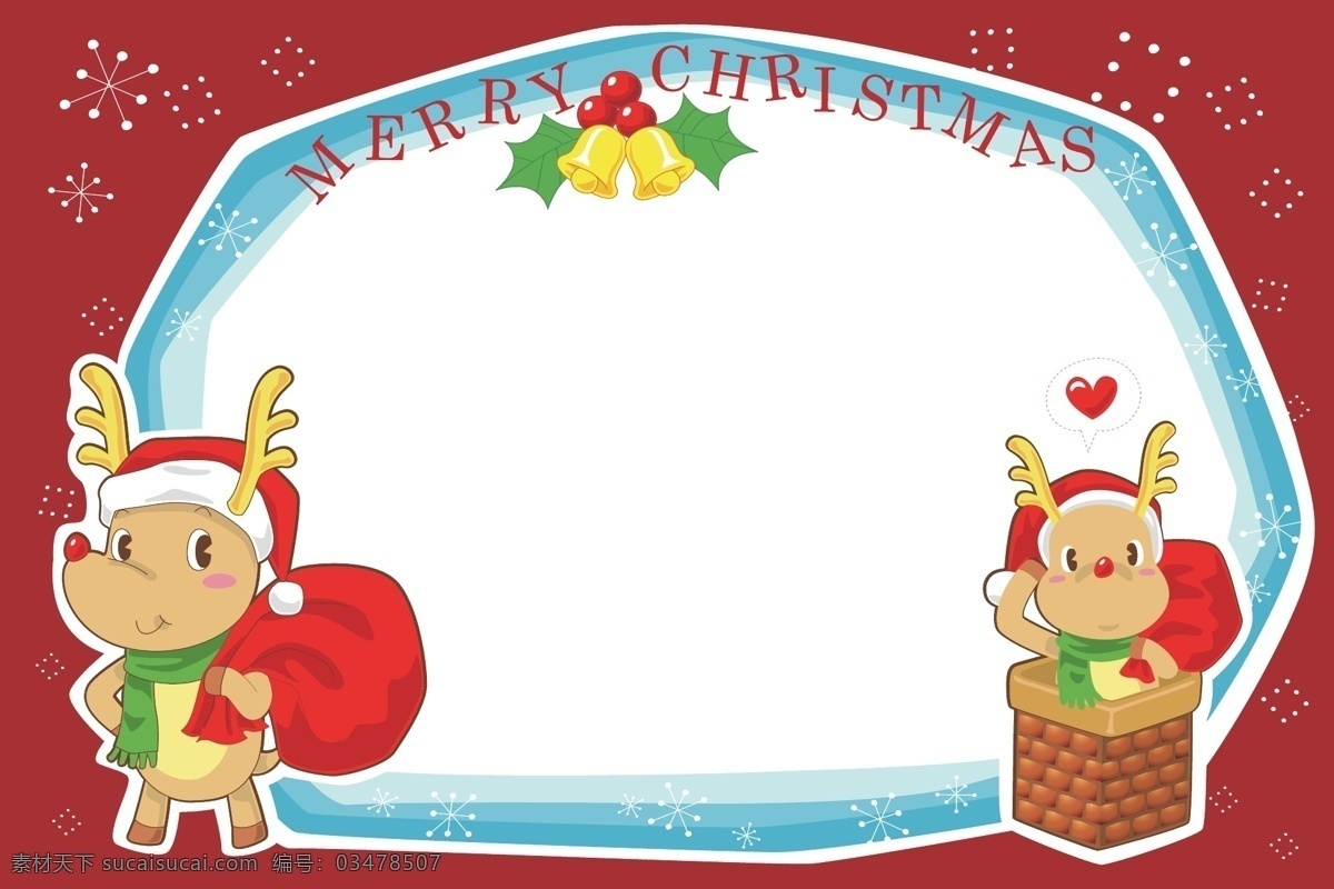 矢量 卡通 驯鹿 边框 圣诞节 背景 红色 雪花边框 铃铛 海报 童趣 手绘