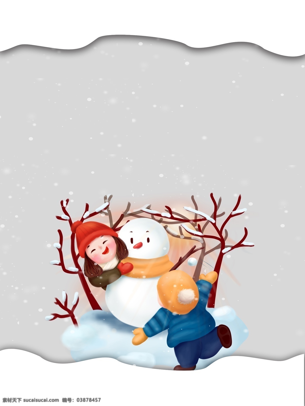 彩绘 冬季 儿童 雪人 背景 广告背景 促销背景 背景图 树枝 彩绘背景 折纸背景 通用背景 背景展板 特邀背景 背景展板图 下雪