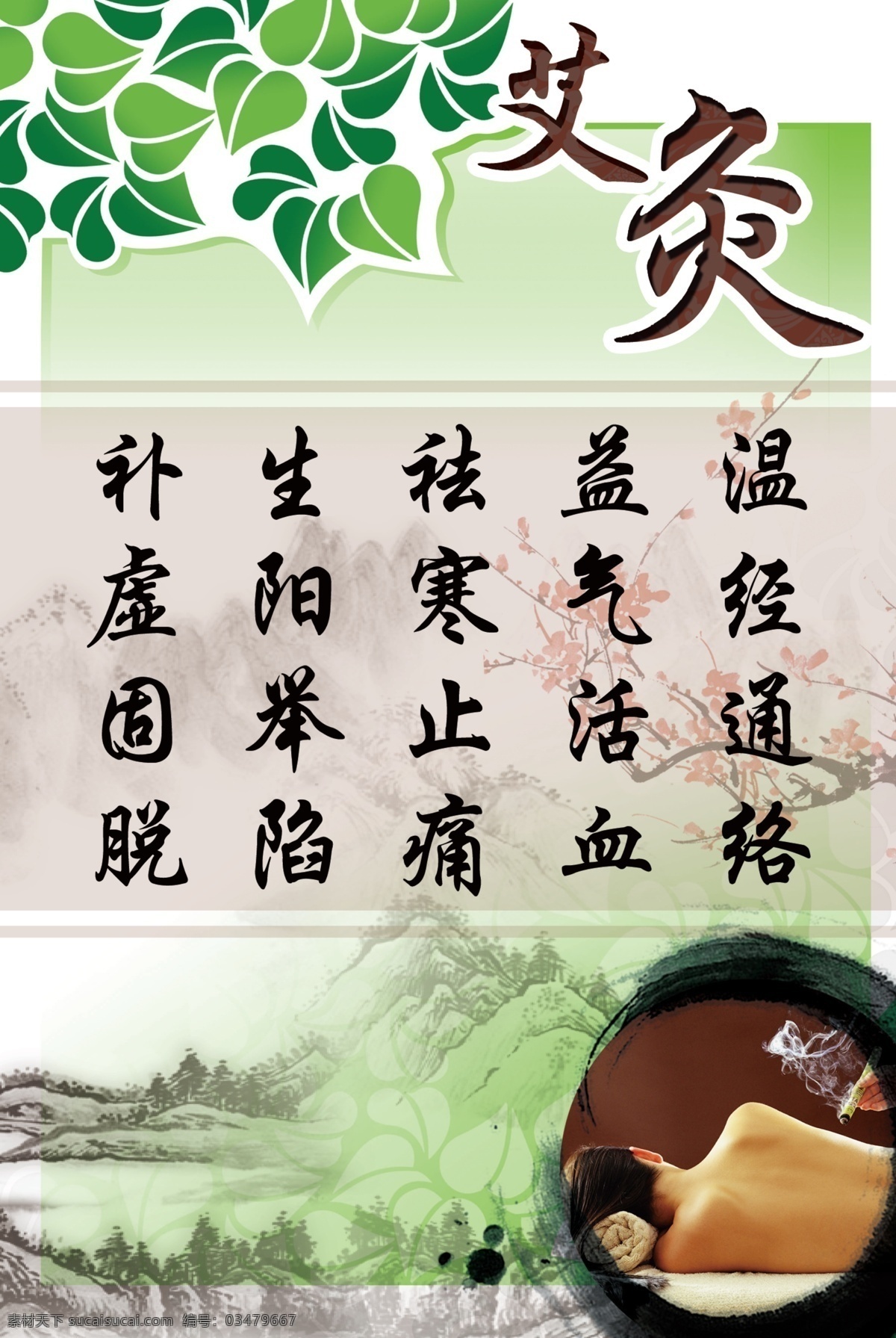 艾灸 海报 绿色 天然 艾灸海报 中国风 艾灸素材 水墨 绿叶 绿色背景 ps4 分层海报