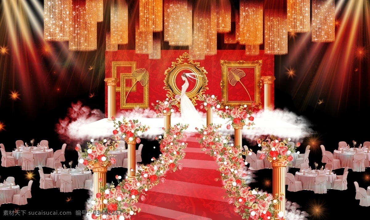 红 金 主 舞台 效果图 相框 欧式 罗马柱 桌椅 灯光 线帘
