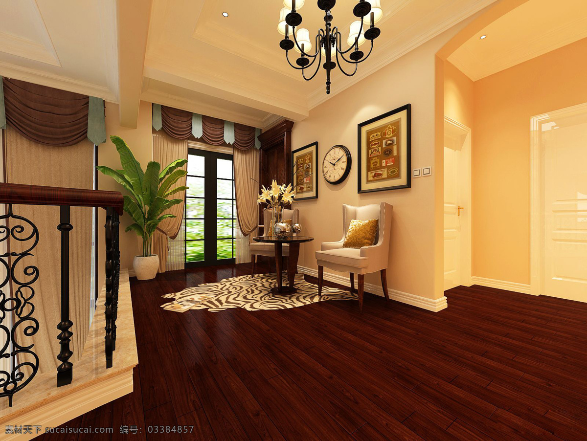 美式 清新 复式 客厅 木制 地板 室内装修 效果图 木地板 客厅装修 黑色吊灯 异形地毯