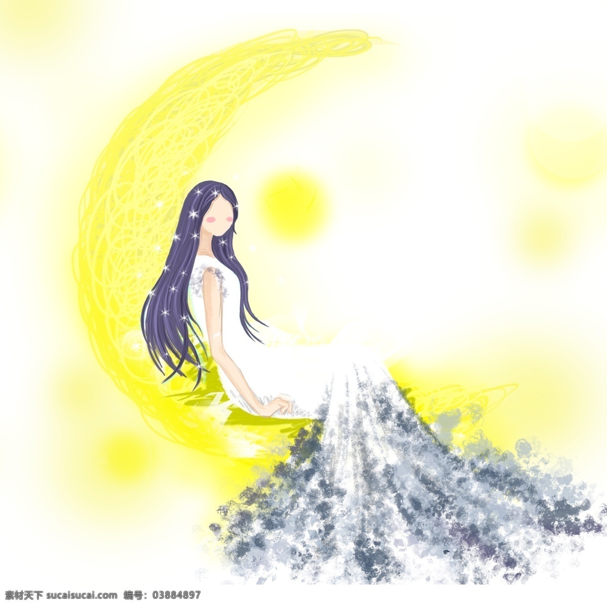 唯美 线圈 印象 坐在 月亮 上 女孩 插画 梦幻 手绘 线圈印象 月光 psd设计 公主