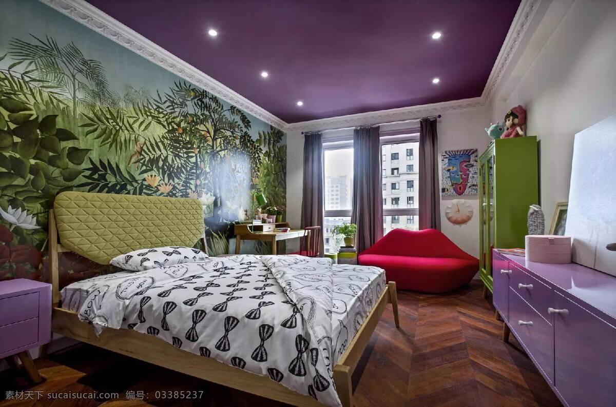 卧室 绿色 背景 墙 装修 效果图 壁画 床头柜 灰色窗帘 灰色墙壁 绿色背景墙 台灯 吸顶灯