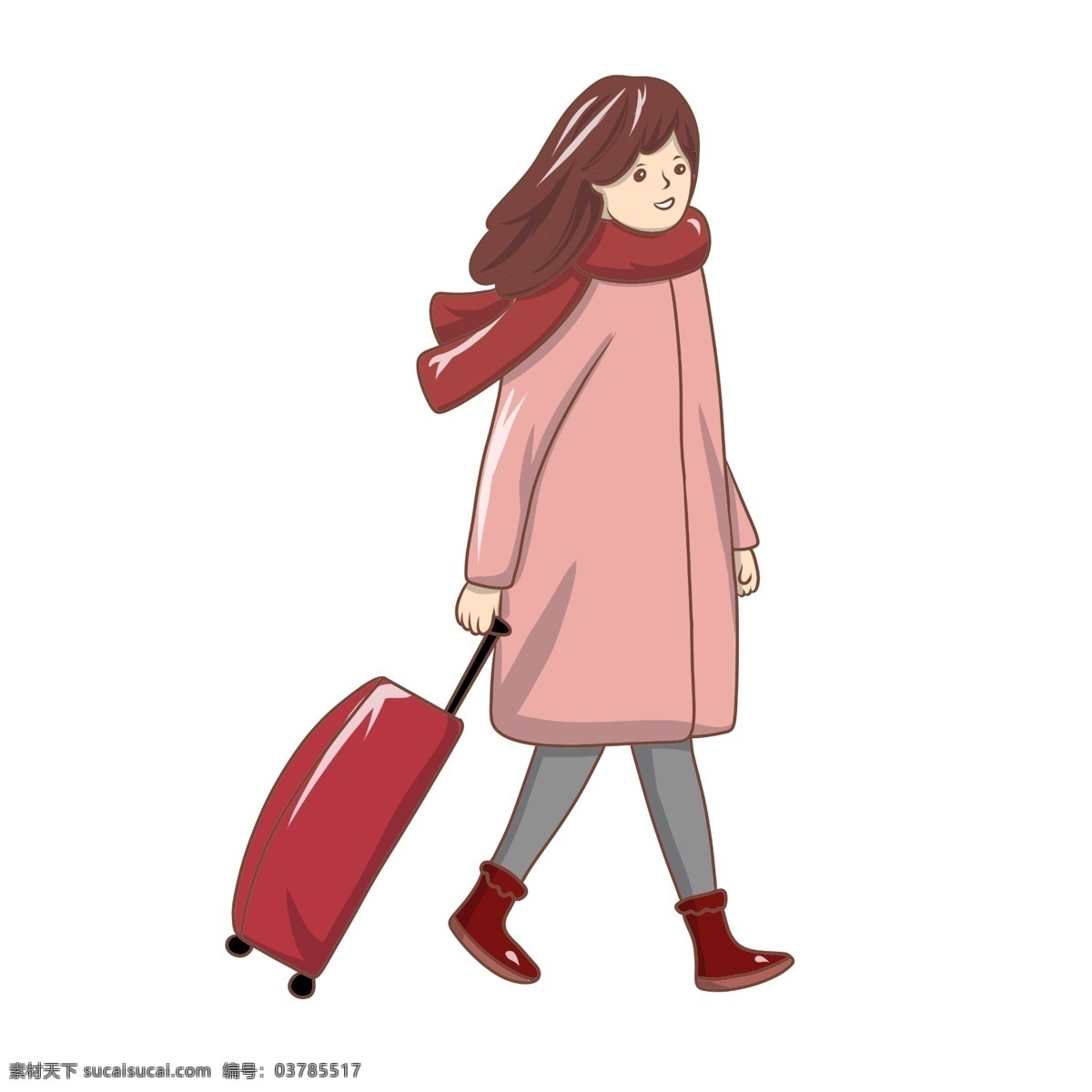放假 回家 大学生 插画 拉 行李箱 女孩 放暑假 冬季 红色拉杆箱 穿棉衣的女孩 系 红色 围巾 放假回家插画 大学生放假了