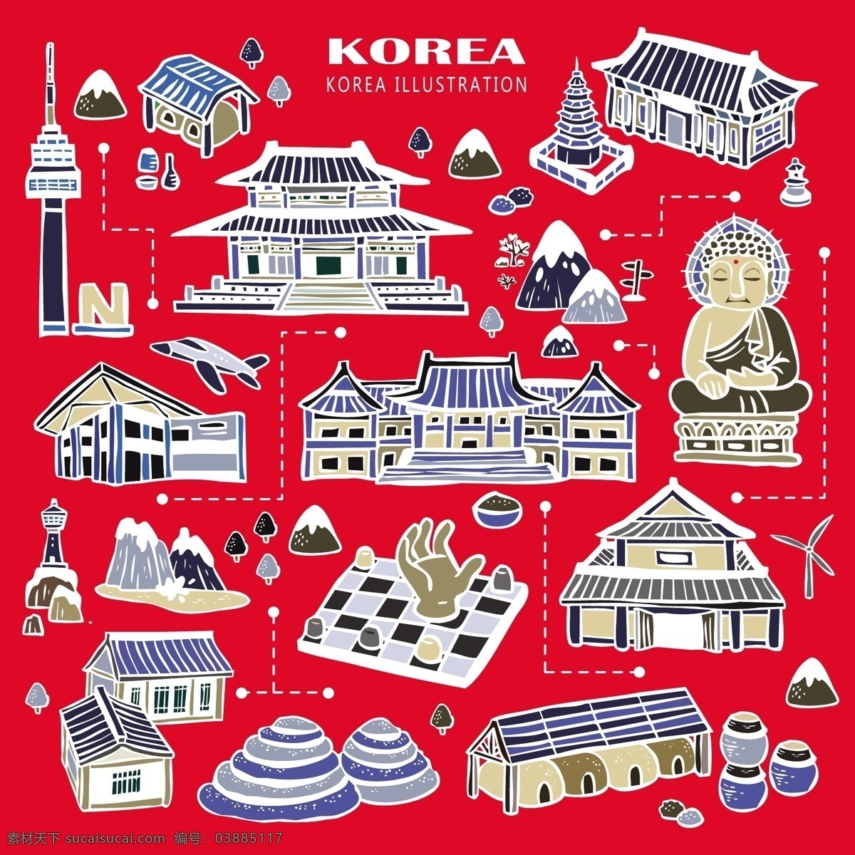 红色 韩国 旅行 地标 美食 手绘 地图 矢量 矢量素材 背景素材 设计素材