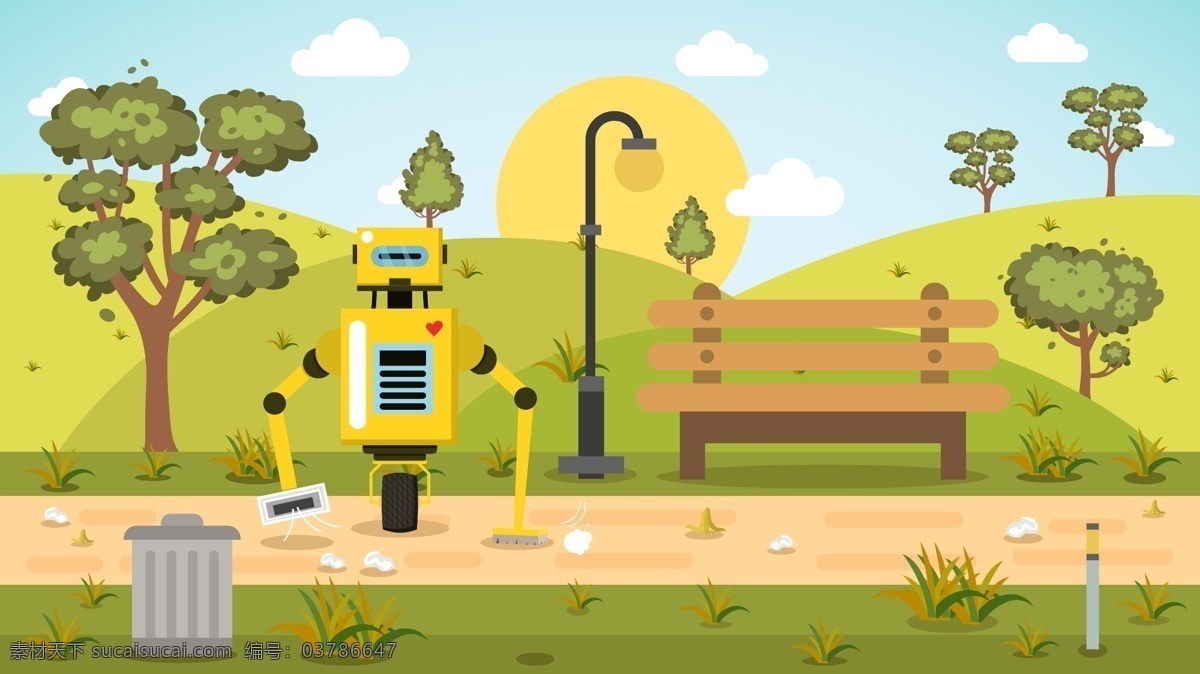 爱护 环境 初秋 勤奋 清洁 公园 卫士 环保 机器人 插画 环境保护 扫地 矢量
