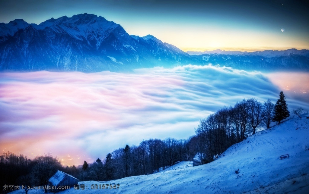 山乡月夜 夜景 夜晚 流云 山峰 树林 蓝色 星空 风景 风光 自然风景 自然景观