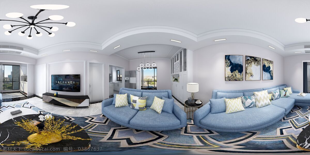 现代 简约 客 餐厅 效果图 客餐厅 暖 蓝色沙发 电视墙 室内效果图 环境设计