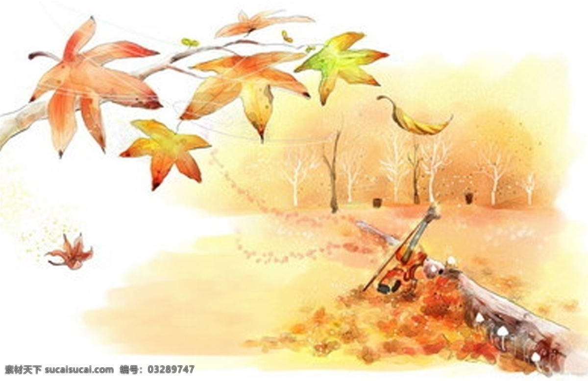 秋意盛浓插画 风景画 秋天 树叶 背景素材 插画 水墨画 白色
