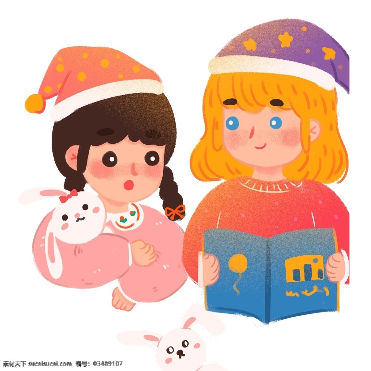 彩绘 读 故事 书 女孩 商用 元素 小清新 帽子 人物 插画 晚安 姐妹 读故事书 兔子玩偶 插画元素