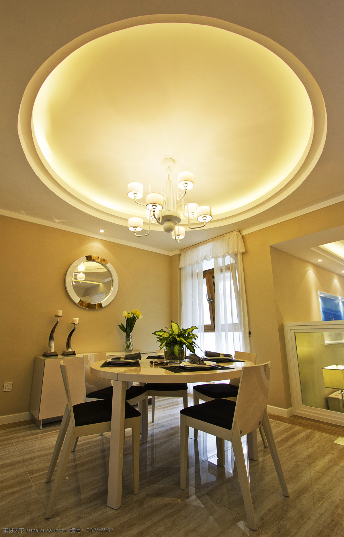 室内 餐厅 圆形 吊顶 现代 时尚 装修 效果图 黄色灯光 条纹陶瓷地板 清新园艺 创意圆形吊顶