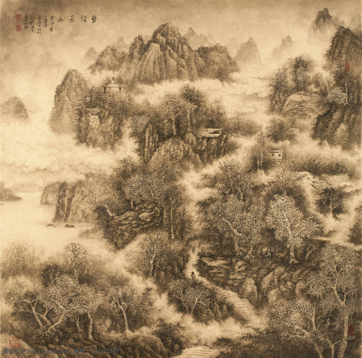 曲径通幽 中国 水墨 山水画 中国水墨画 风景 山水 工笔画 艺术 古典 绘画书法 文化艺术 风景画 古典水墨画 壁画 古典画 国画 山水国画 房子 瀑布 流水 小路 山路 群山 树林 书法 水墨画