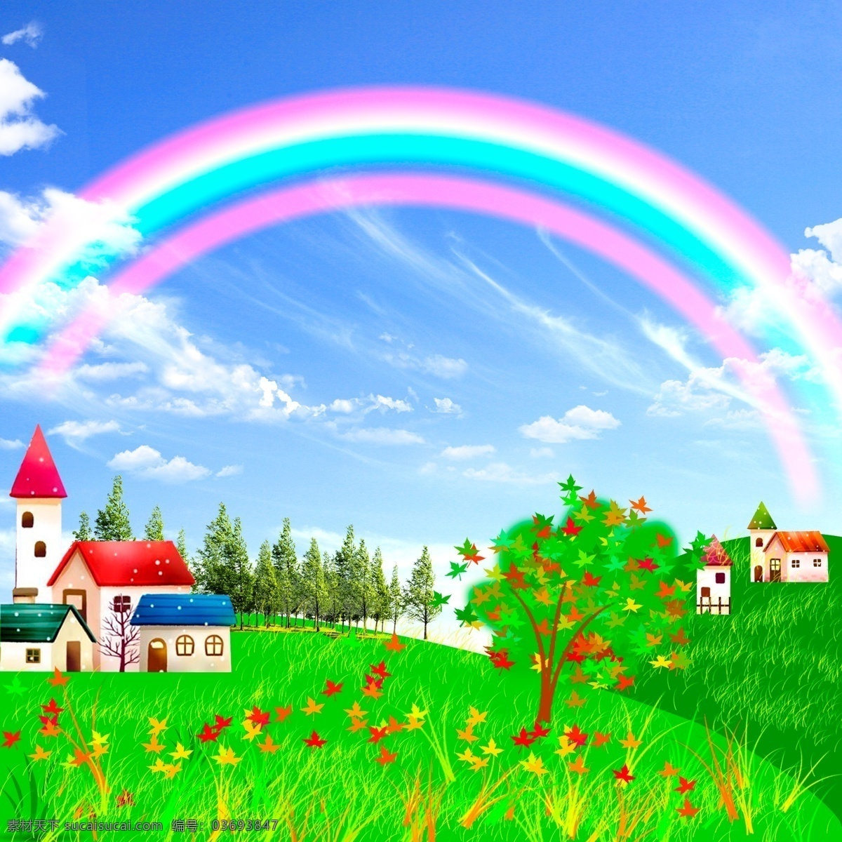 七彩虹 彩虹 天空 房子 草地 草 树 树叶 山坡 枫叶 云彩 分层 源文件