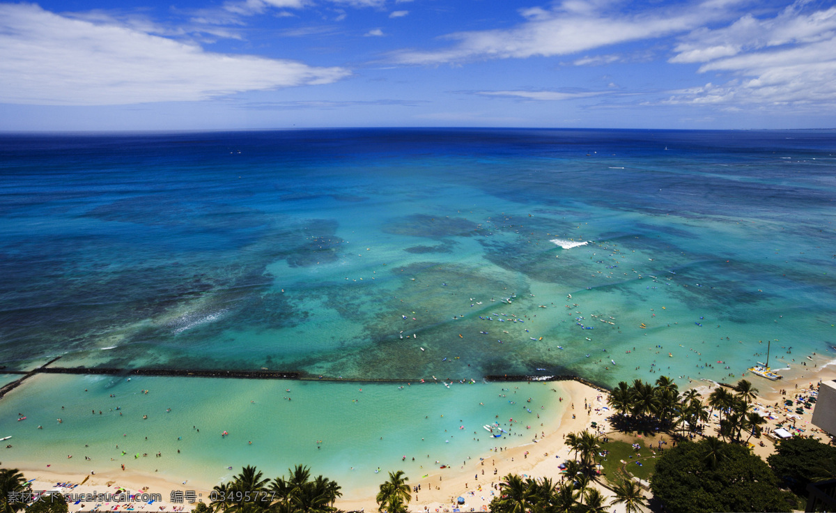 夏威夷 美国 风光 俯瞰 海 沙滩 树 海浪 人 蓝天 白云 高清 风光摄影 精美 大图 山水摄影 国内旅游 旅游摄影