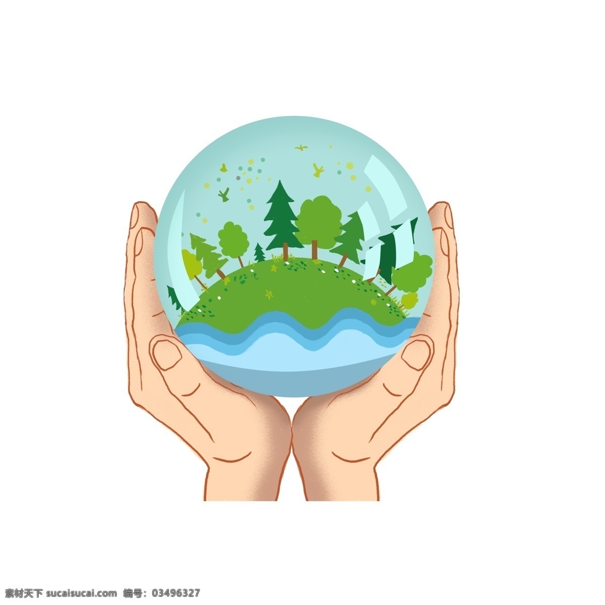 原创 卡通 清新 温暖 手 握 地球 元素 手握 绿植 植树 图案
