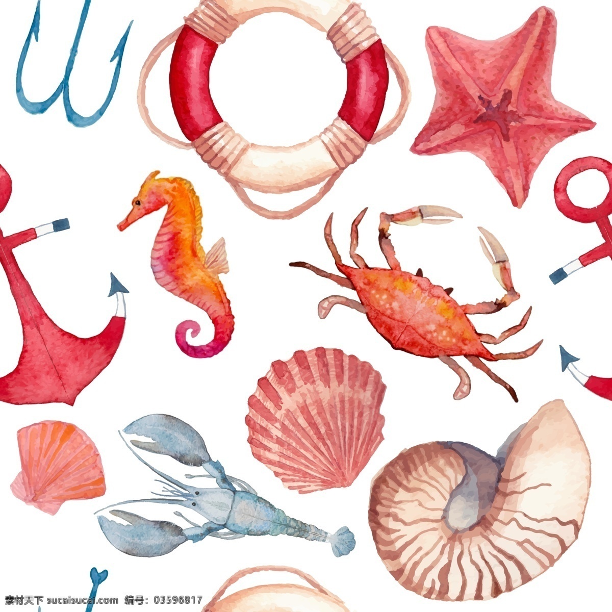 时尚 手绘 海洋 动物 插画 贝壳 海螺 海马 海星 螃蟹 水彩绘