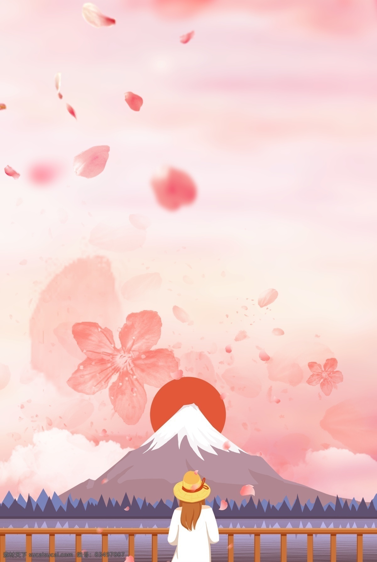 卡 通风 旅途 自然风景 背景 底纹 富士山 扁平 卡通 简约 粉色 风景 樱花 手绘 清新