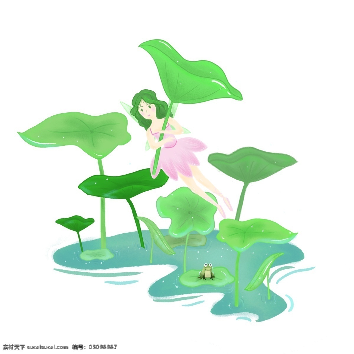 夏天 举 荷花 伞 仙子 荷叶 荷塘 青蛙 手绘 卡通 可爱 粉色 绿色