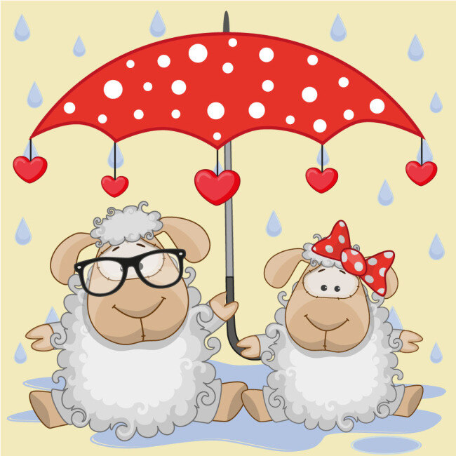 雨伞 下 可爱 卡通 动物 绵羊 矢量图