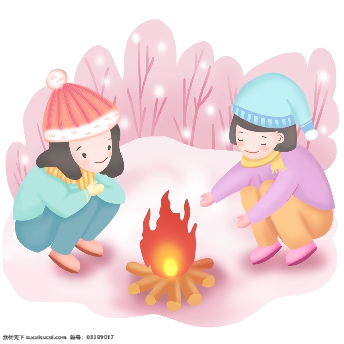 手绘 冬天 生火 取暖 场景 温暖的火苗 木柴 好朋友 下雪天生火 温暖开心
