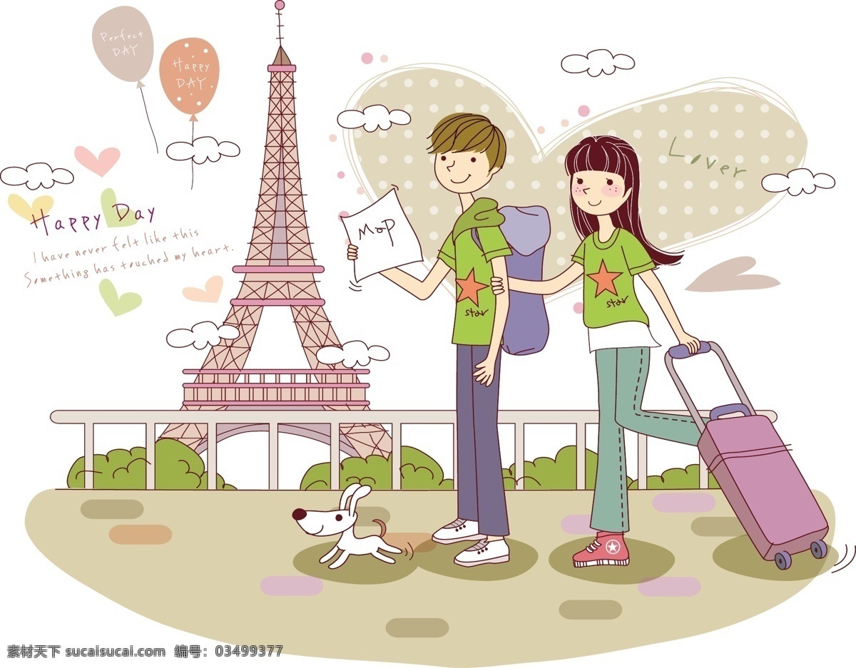 巴黎 旅行 情侣 插画 场景 故事 韩国 卡通 礼物 情景 人物 矢量 最新 童话 矢量图 矢量人物