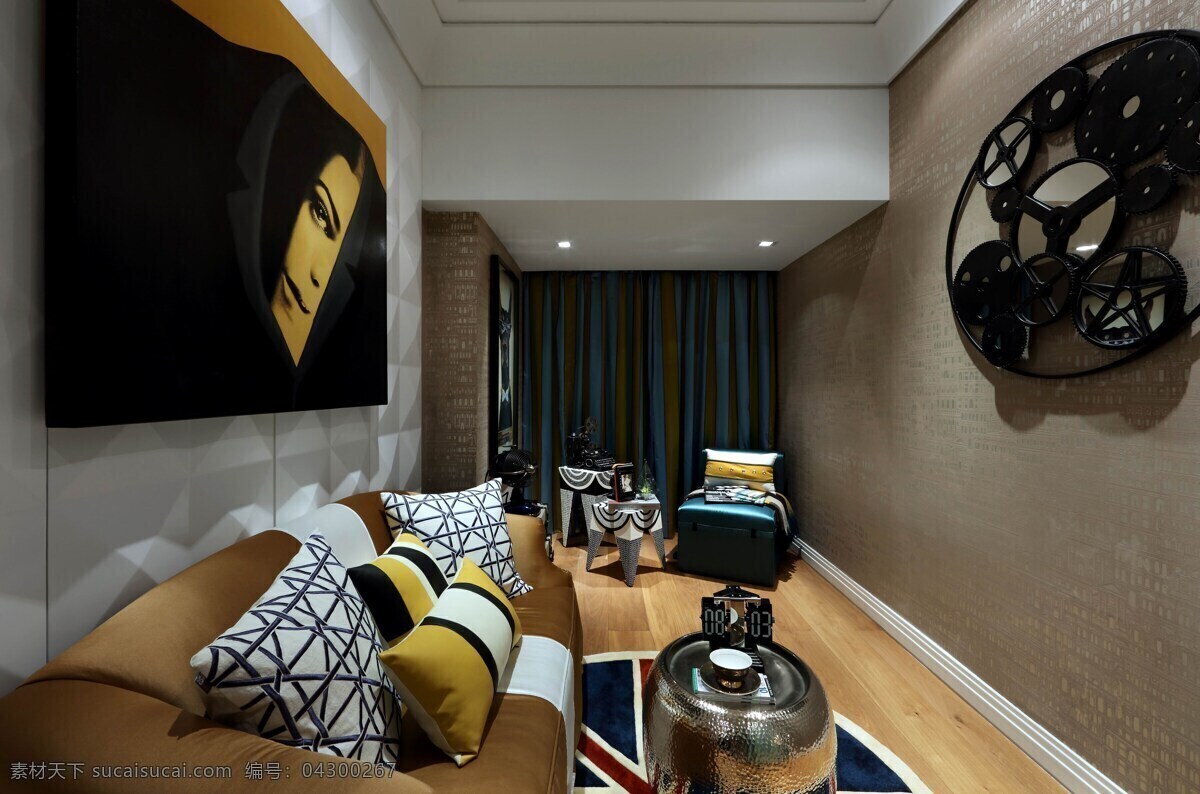 简约 客厅 圆形 茶几 装修 效果图 白色射灯 方形吊顶 花纹地毯 灰色墙壁 灰色沙发 木地板