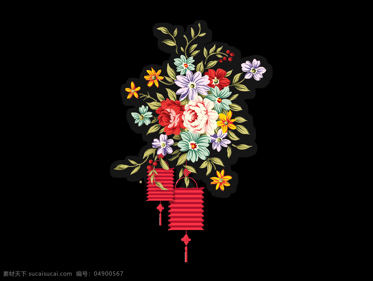 灯笼 红色 花朵 精致 手绘 喜庆 叶子 装饰