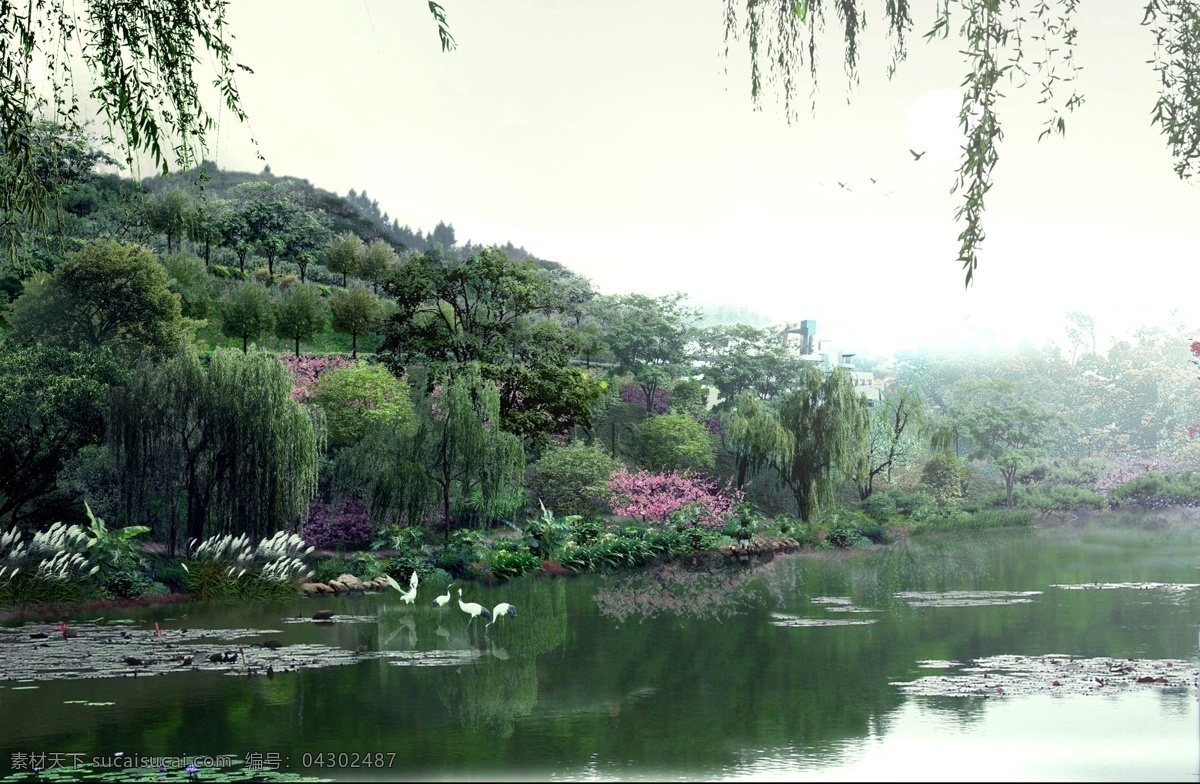 春天 山野 湖畔 风光 分层 模板 白鹅 风景图片 湖泊 芦苇 树木 桃花 免费 psd源文件