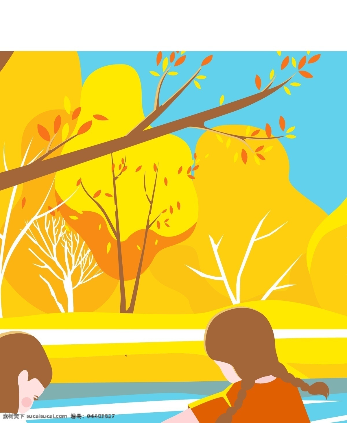 秋天 森林 玩耍 女孩 小孩 友谊 金色 童年 小河 树林 溪流 牵手 转圈 矢量 秋 彩色 手绘 动漫动画