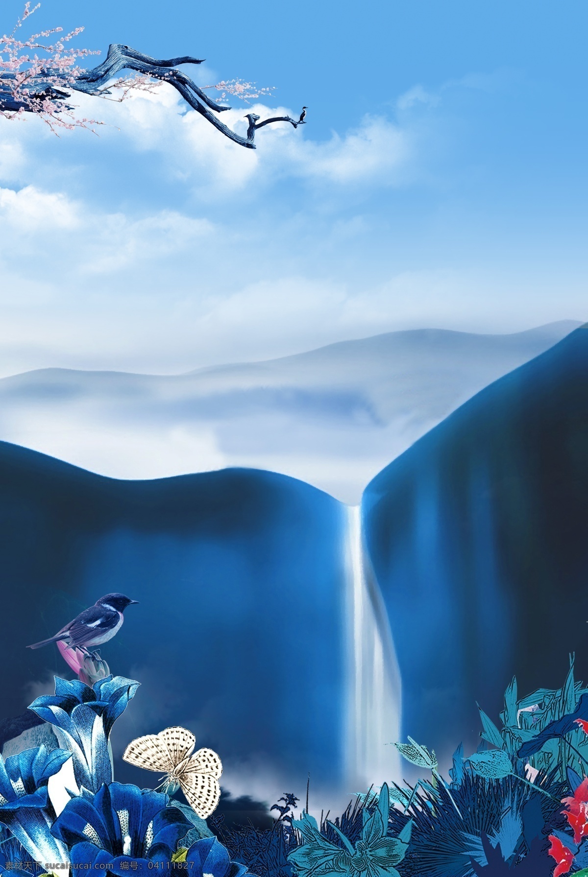 蓝色 唯美 手绘 山水 瀑布 背景 蓝色背景 树木 小鸟 新中式 蓝天 花卉 回归自然