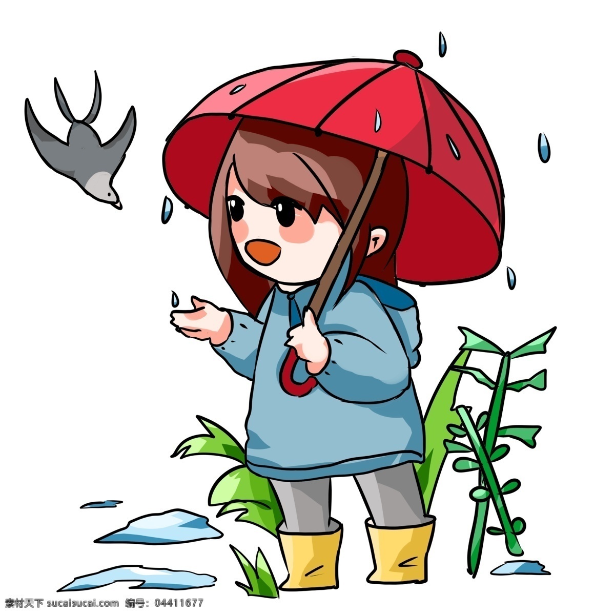 立春 人物 雨伞 插画 黑色的燕子 红色的雨伞 漂亮的小女孩 绿色的植物 手绘 蓝色的鳄鱼地