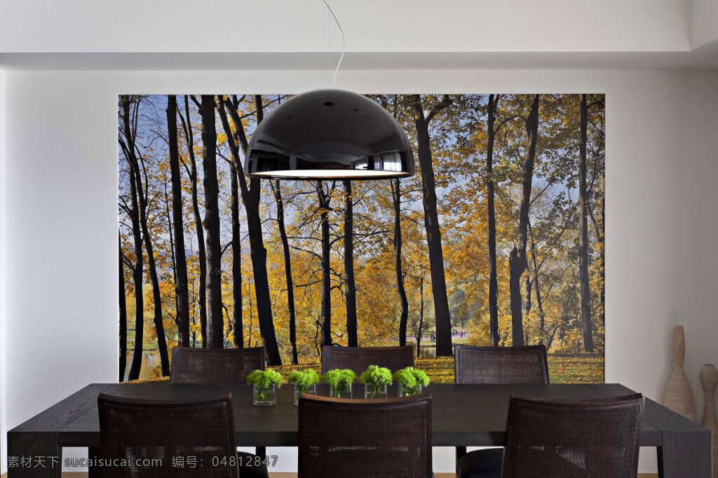 现代 简约 客厅 植物 挂画 室内装修 效果图 黑色吊灯 客厅装修 纯色背景墙 深色餐桌