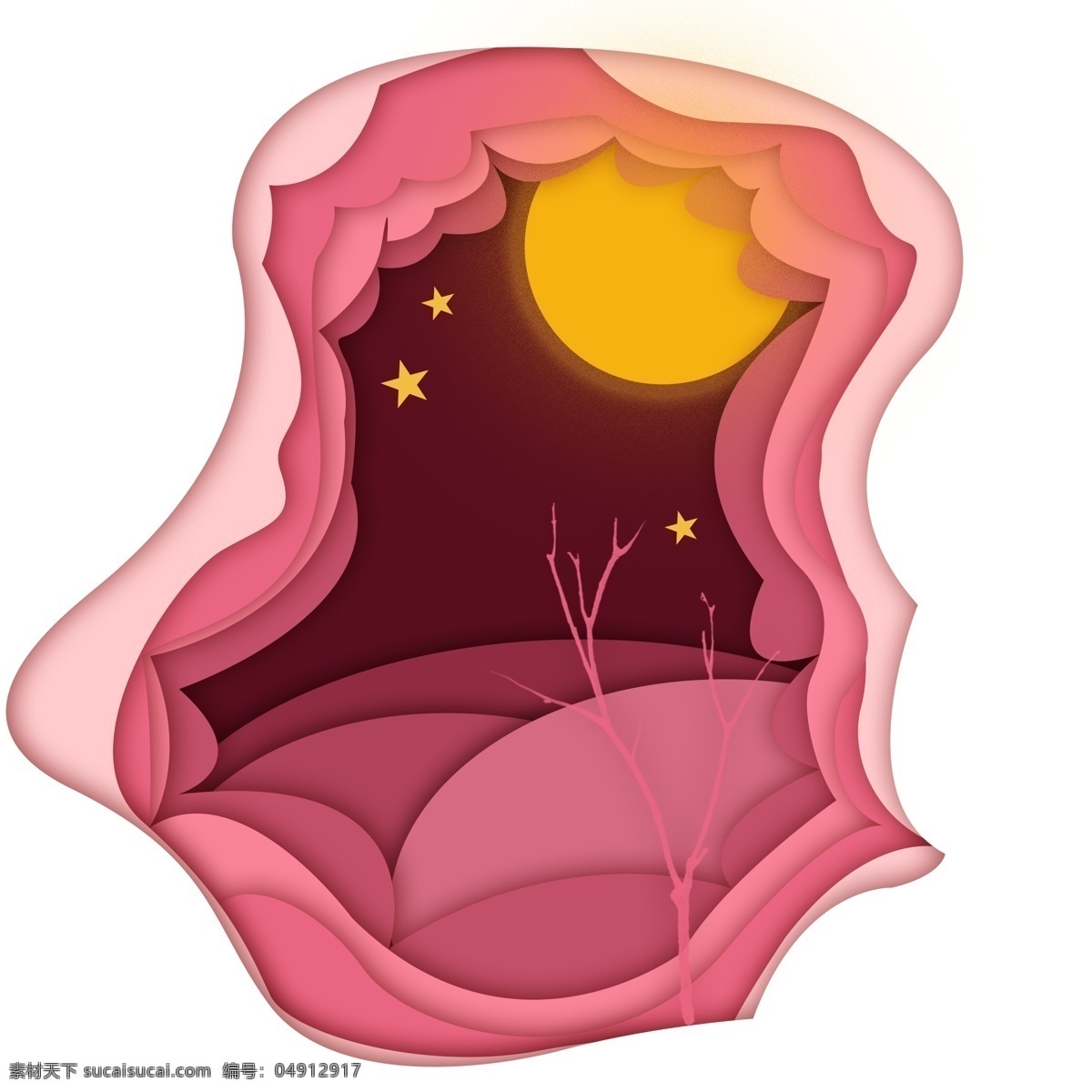 手绘 夜色 不规则 边框 圆圆的月亮 闪闪的星星 卡通的插画 黄色的星星 粉色的边框 创意的边框