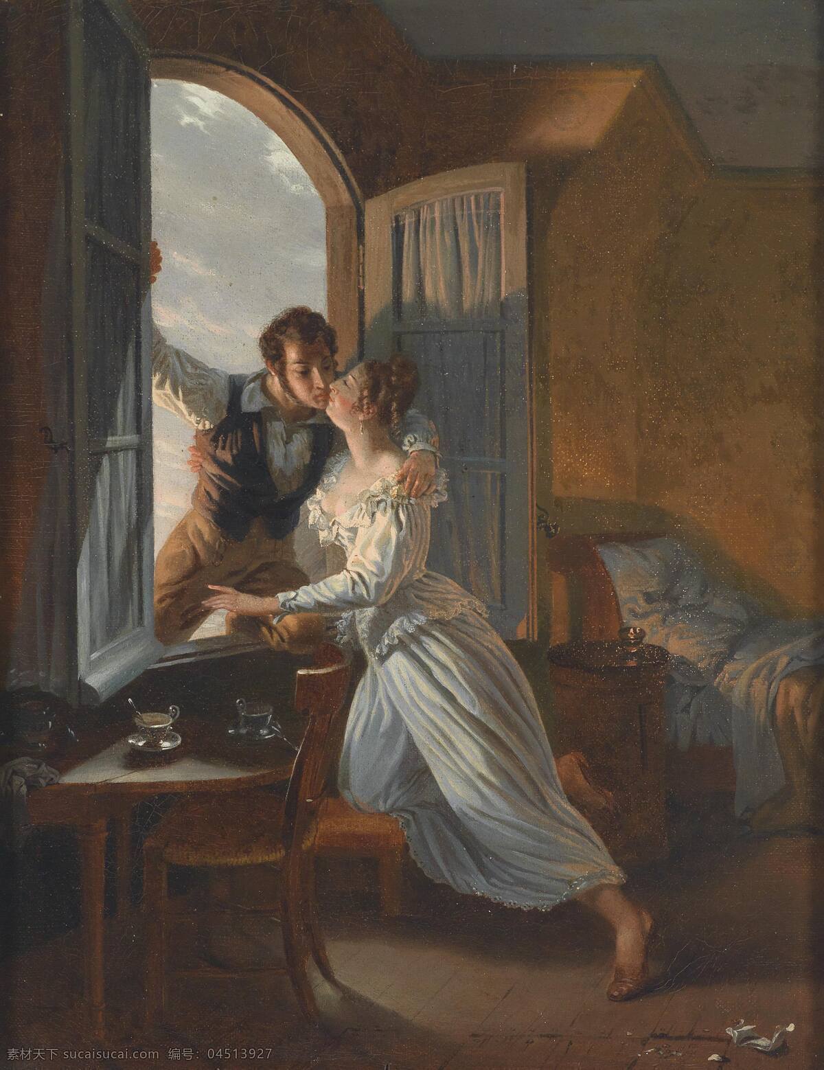 绘画书法 文化艺术 油画 秘密见面 巴普蒂 斯特莱 柯 作品 偷情 一男一女 不 允许 恋情 19世纪油画 家居装饰素材